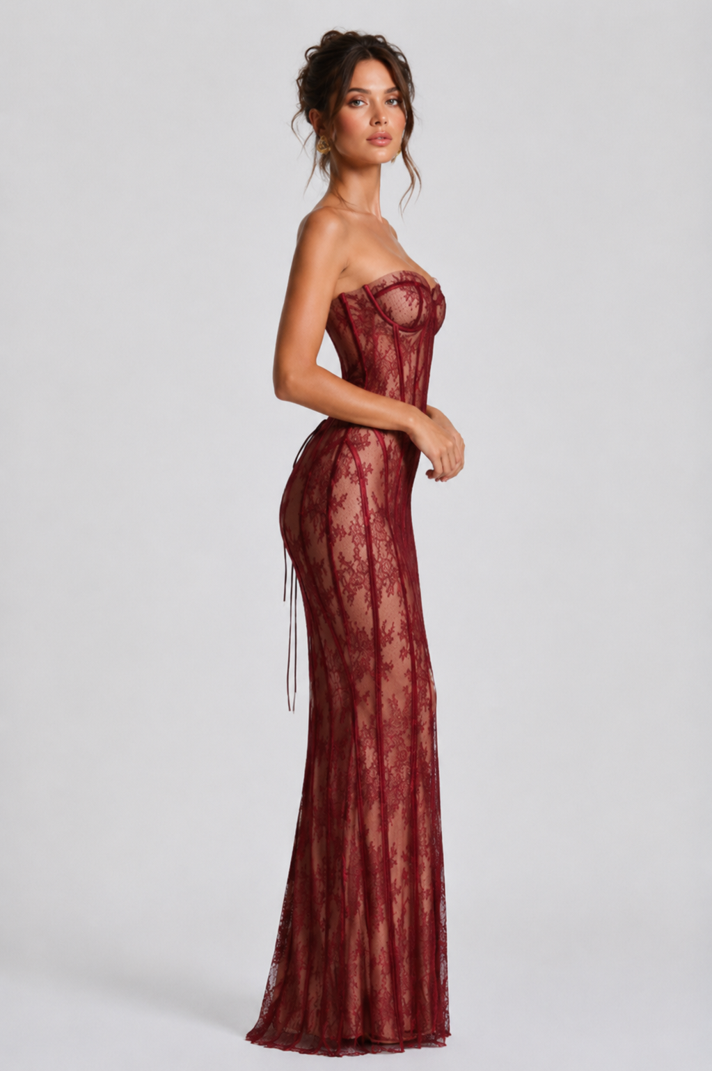 Vivienne Crimson Lace Corset Maxi Dress