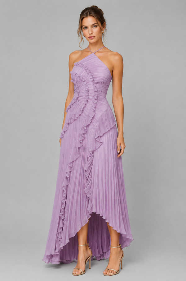 Celeste Pleated Ruffle Halter Maxi Dress
