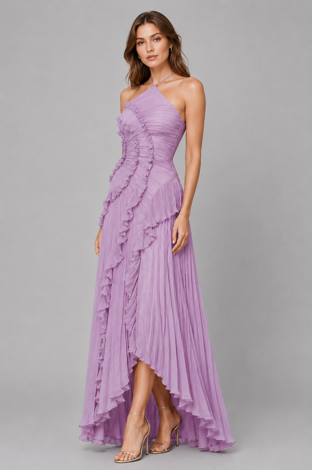 Celeste Pleated Ruffle Halter Maxi Dress