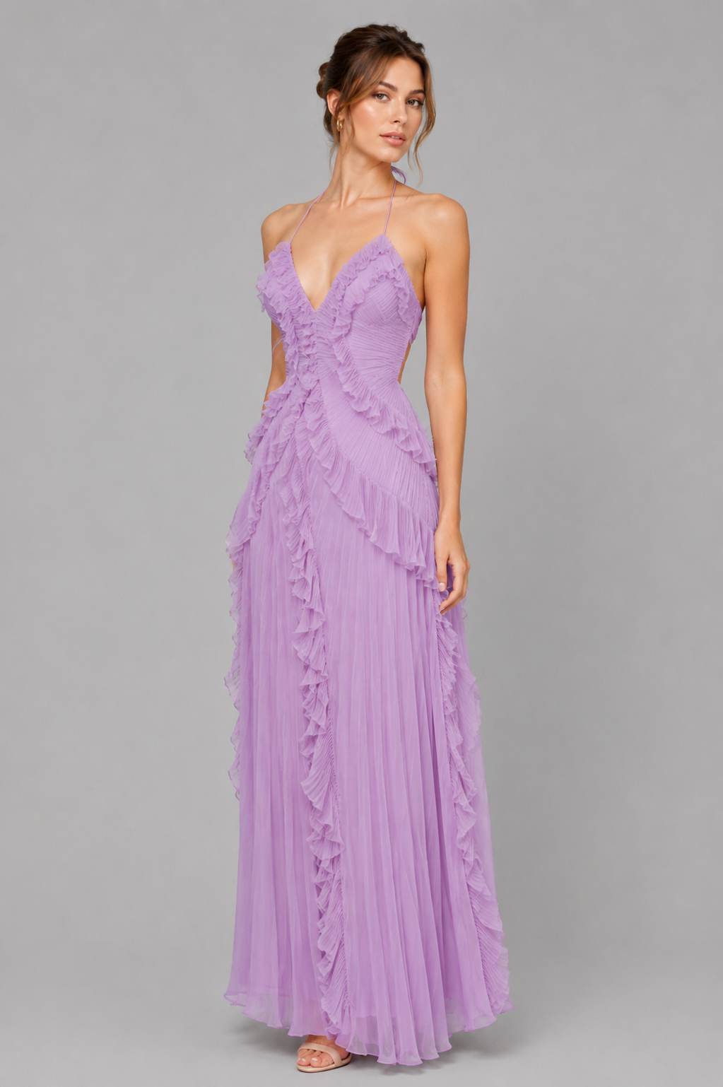 Celeste Pleated Ruffle Halter Maxi Dress