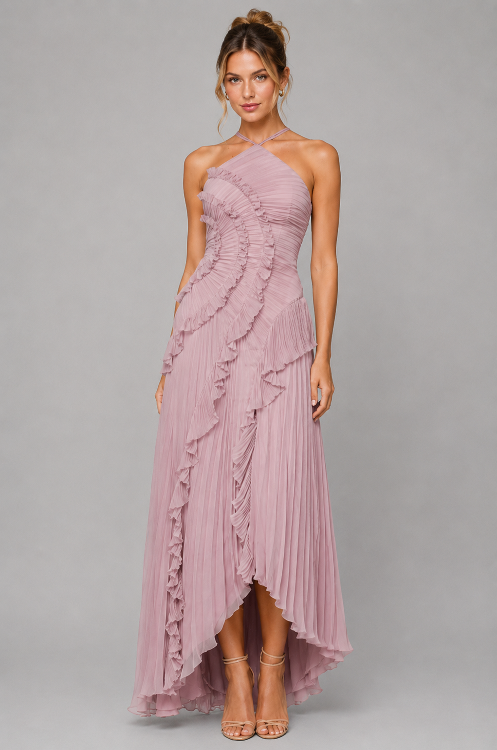 Celeste Pleated Ruffle Halter Maxi Dress