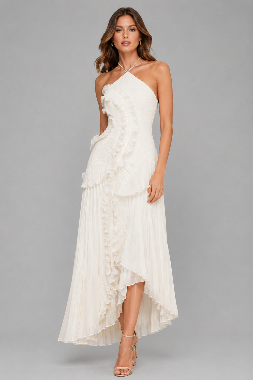 Celeste Pleated Ruffle Halter Maxi Dress