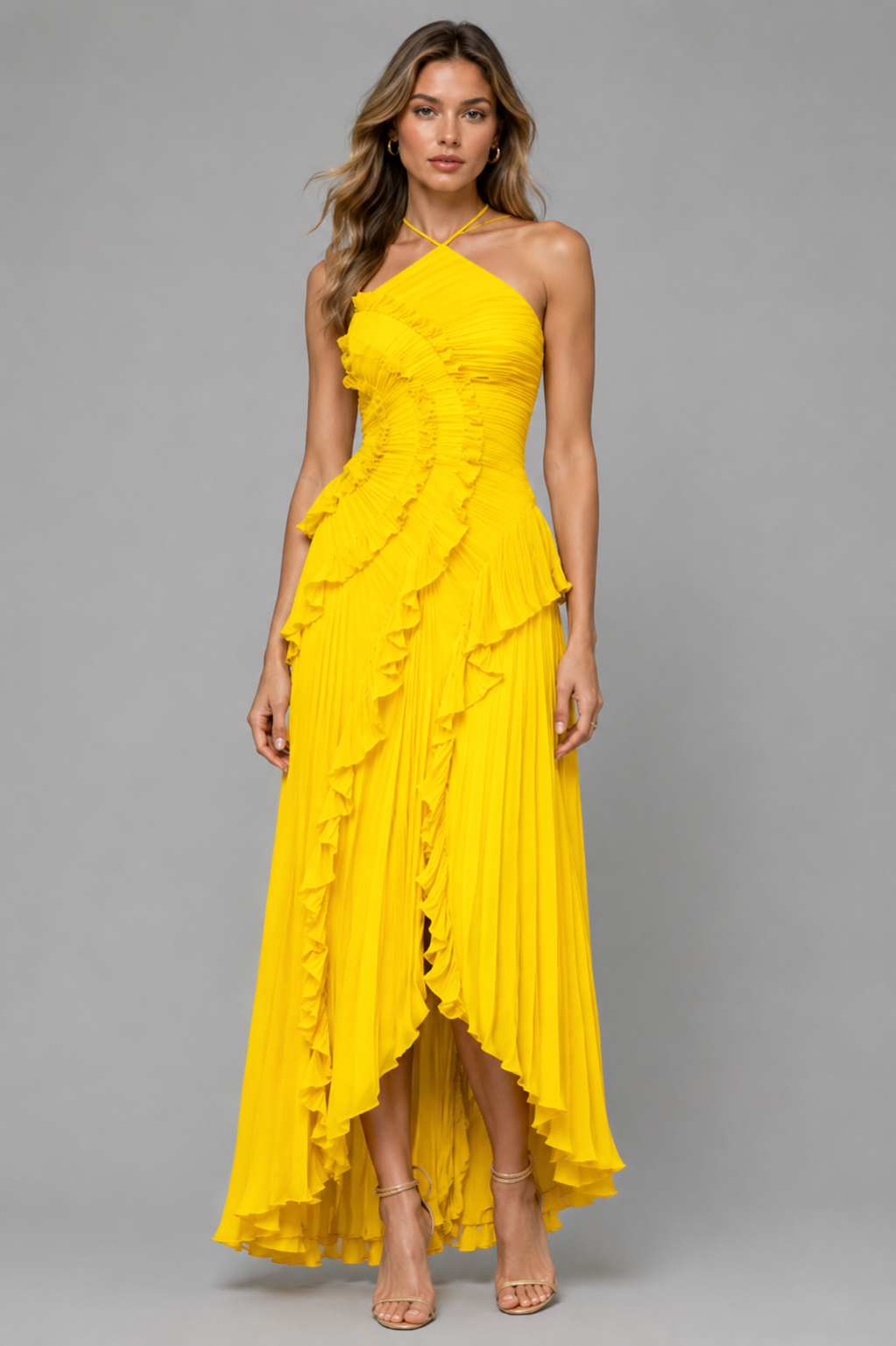 Celeste Pleated Ruffle Halter Maxi Dress