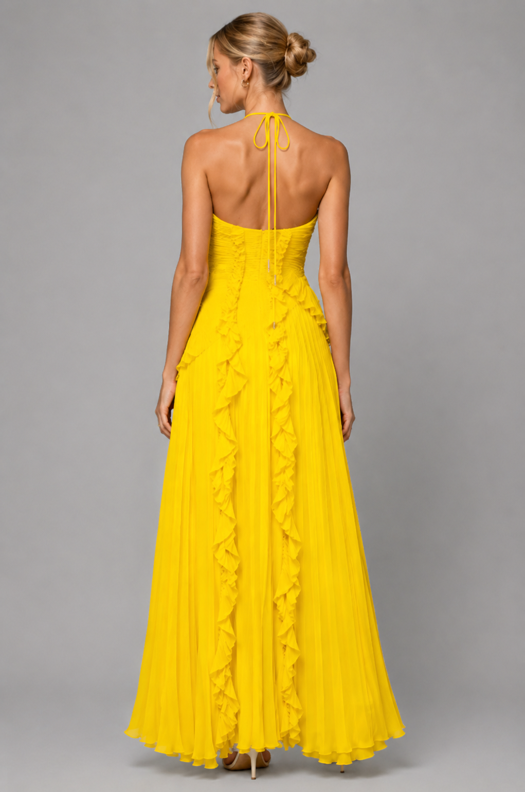 Celeste Pleated Ruffle Halter Maxi Dress