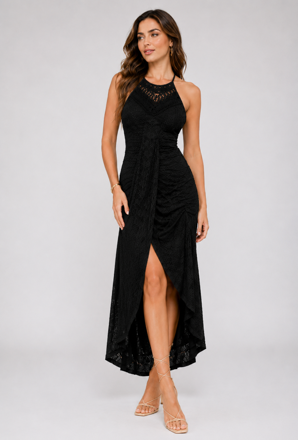 Marya Geometric Lace Halter Midi Dress