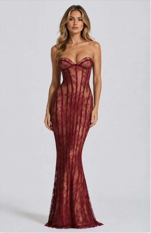 Vivienne Crimson Lace Corset Maxi Dress
