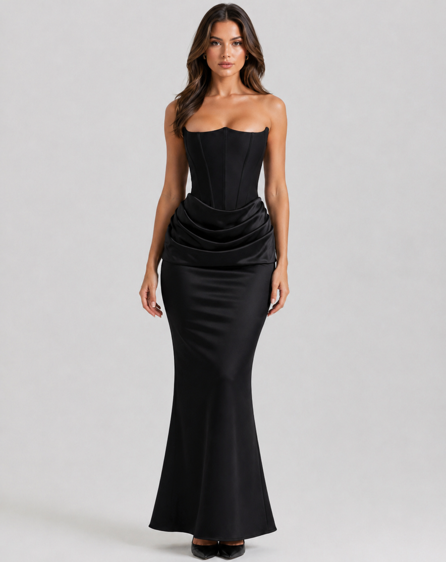 Scarlett | Czarna Suknia Maxi z Gorsetem i Drapowaniem